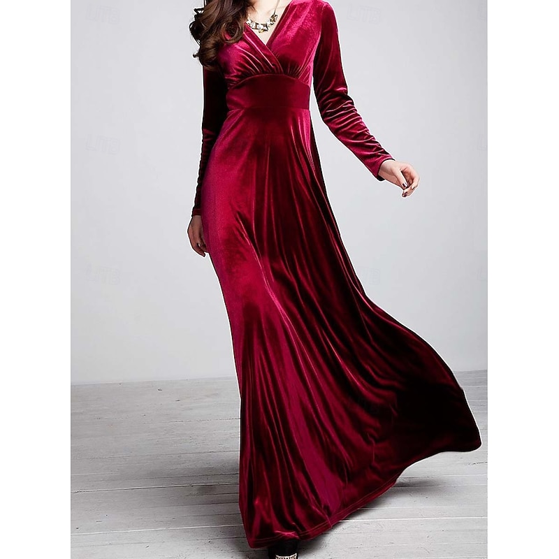 Women's Maxi Dress Sheath Dress A Line Dress Fit And Flare Dress Party Birthday Formal Wedding Party Wedding Guest Regular Fit Plain Long Sleeve V Neck Black Red Purple Spring Fall Winter Autumn2