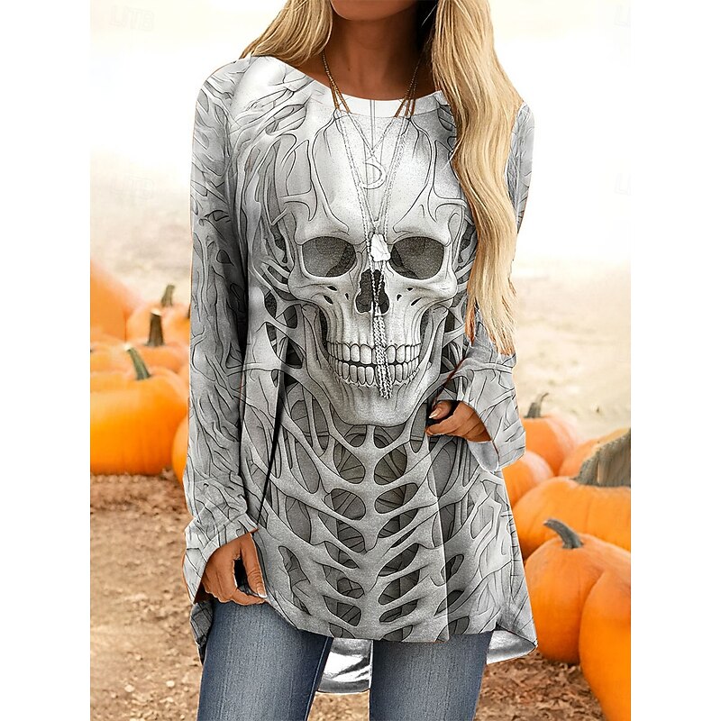 Halloween Women's T Shirt Skulls Graphic Vintage Stylish Classic Long Sleeve Crew Neck Long Tops Daily Print White Blue Purple Green Khaki Spring Fall4