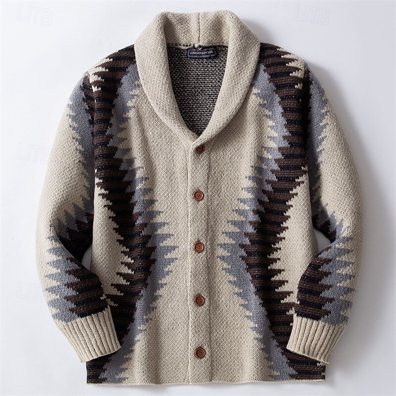 Men's Cardigan Sweater Cropped  Sweater Knit Sweater Ribbed Knit Regular Tops Buttons Geometric Lapel Fashion Classic Vacation Daily Wear Clothing Apparel Fall Winter khaki M L XL2