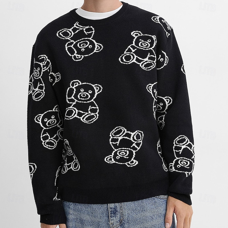 Men's Bear 3D Cartoon Pullover Sweater Jumper Knitwear Crewneck Casual Vacation Home Daily 3D Print Knitting Keep Warm Long Sleeve Spring Fall Winter Black Dark Green