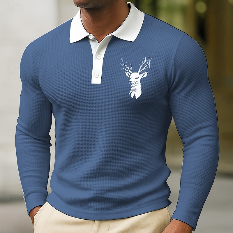 Men's Animal Deer Waffle Polo Shirts Long Sleeve Polo Shirts Collared Shirts Casual Wear to work Daily Wear Buttons Spring Fall Winter Navy Blue Blue Green3