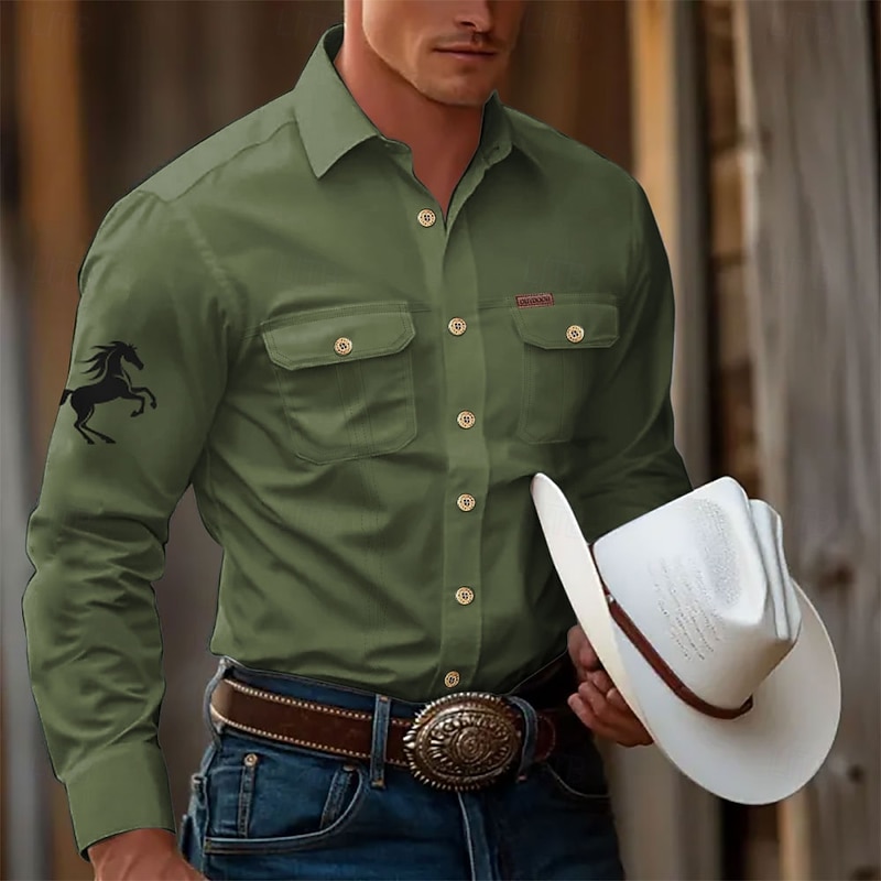 Men's Animal Horse Work Shirt Western Shirt Cargo Shirt Long Sleeve Tactical Vintage Retro Sports Outdoor WorkWear Spring Fall Turndown Front Two Pockets Button Up Shirts Black White Army Green Blue3
