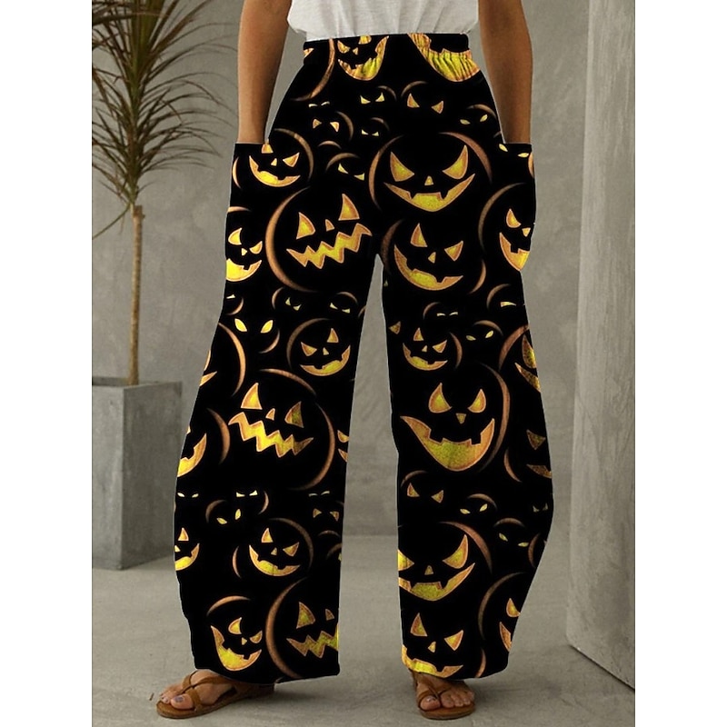 Women's Wide Leg Chinos Vacation Vintage Ethnic Style Full Length Mid WaistPantsHalloween Pumpkin Halloween Comfy Inelastic Vacation Street Causal Violet Black Yellow Orange Spring Fall Winter3