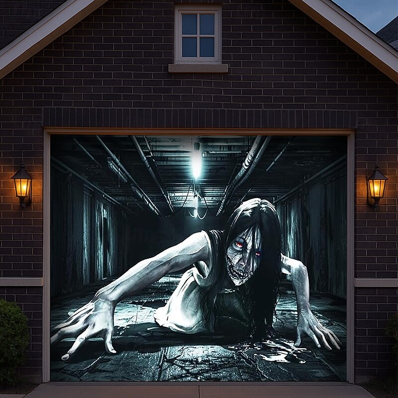 Halloween Garage Door Cover  Creeping Ghost Banner Large Tapestry Backdrop Decoration for Holiday 2025 Halloween Outdoor Wall Decorations3