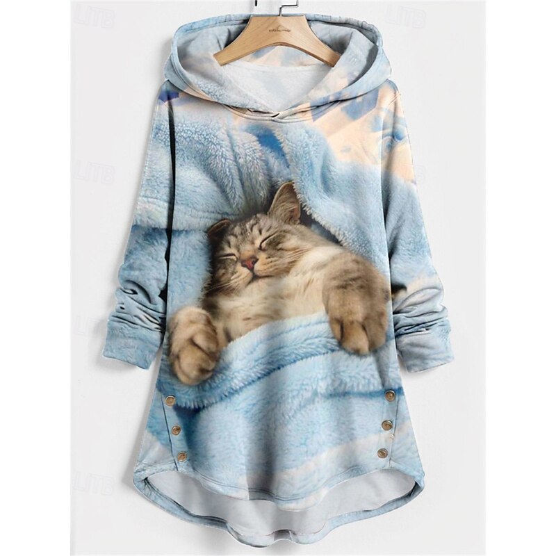 Women's Pullover Hoodie Sweatshirt Hoodies Cat Streetwear Casual Long Sleeve Hooded Regular Tops Holiday Going out Print Black Blue Light Grey Light Blue Fall Winter4