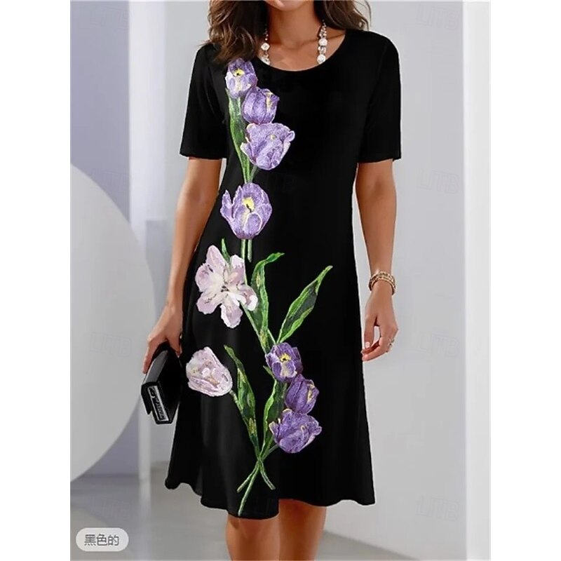 Women's Elegant Midi Dress T Shirt Dress Tee Dress Shift Dress Party Evening Casual Formal Daily Regular Fit Floral Graphic Abstract Short Sleeve Crew Neck Black White Light Purple Spring3