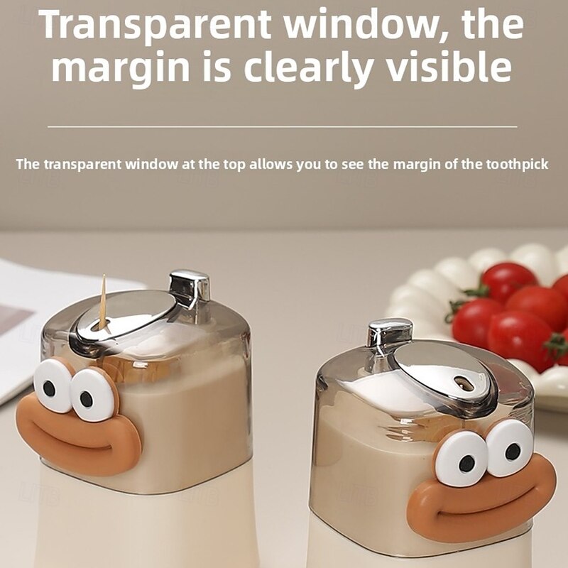 Automatic Pop-Up Toothpick Dispenser, Creative Push-Button Design with Cute Cartoon Stickers, Ideal for Home Kitchen and Dining Table Use3