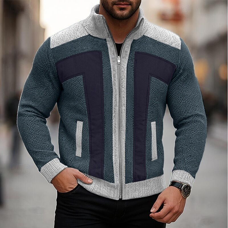Men's Sweater Dress Sweater Cardigan Sweater Zip Sweater Knit Sweater Ribbed Knit Regular Tops Knitted Ribbed Plain Standing Collar Fashion Shawls Casual Daily Wear Clothing Apparel Fall Winter Navy3