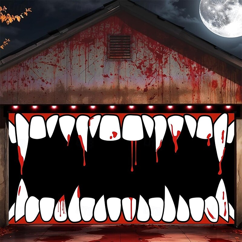 Halloween  Garage Door Cover 3D Archway  Spooky Vampire Teeth Banner Large Tapestry Backdrop Decoration for 2025 Halloween Holiday Outdoor Wall Decorations Zombie Containment Unit Garage Door