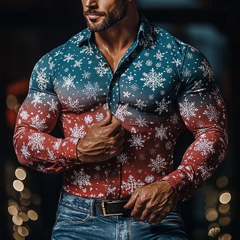 Men's Snowflake Gradient Color Shirt Button Up Shirt Casual Dress Shirt Long Sleeve Vintage Retro Outdoor Casual Holiday Spring Fall Turndown 3D Print Linen Like Shirt Red Purple Beige