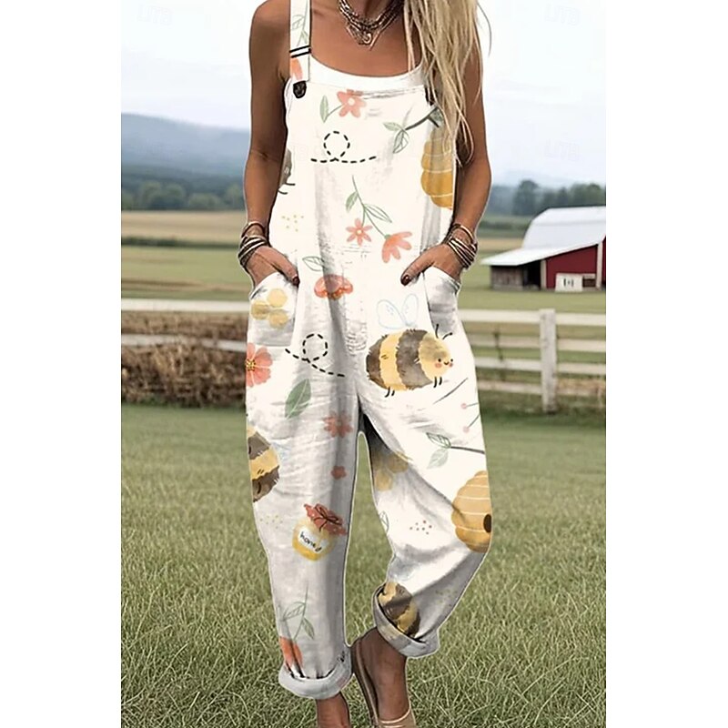 Women's Dungarees Active Graphic Sleeveless Sleeveless Straight Square Neck Pocket Vacation Daily Loose Fit White Blue Green Summer3