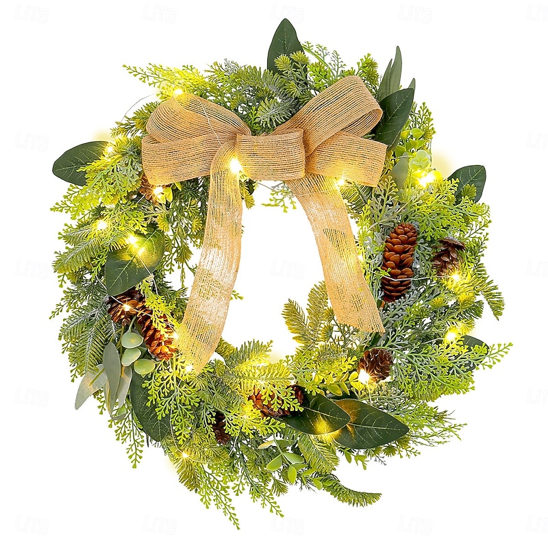 Christmas Wreath for Front Door Xmas Indoor Outdoor Decoration with Burlap Bow Lighted Pine Cone Rattan Garland for Window Shop Mall Holiday Party Display4