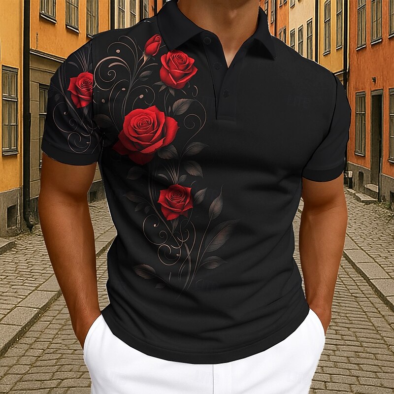 Valentine's Day Men's Rose Polo Short Sleeve Polo Shirts Collared Shirts Casual Athleisure Holiday Vacation Wear Buttons Summer Black White4