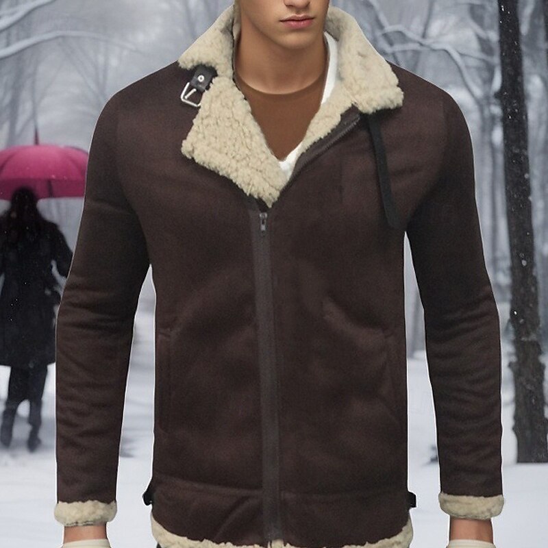Men's Winter Jacket Sherpa Jacket Vacation Daily Thermal Warm Pocket Fleece Winter Plain Fashion Streetwear Lapel Regular Black Yellow Wine Coffee Jacket4