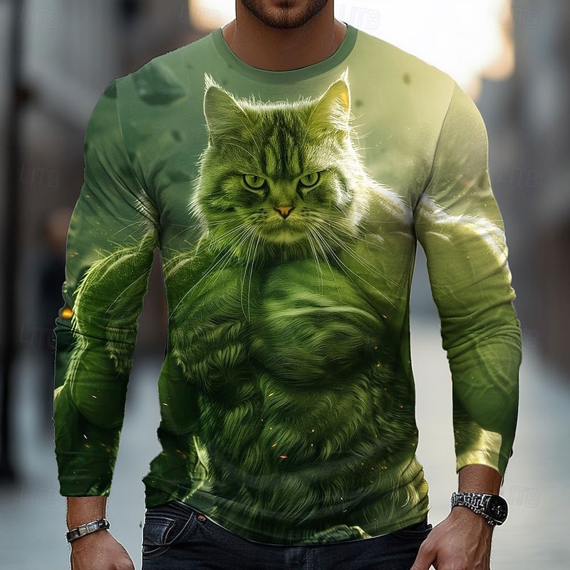 Men's Animal Funny T Shirt Long Sleeve T shirt 3D Print Crew Neck Shirt Fashion Basic Street Casual Daily Blue Green Light Grey Summer Spring Clothing Apparel S M L XL XXL XXXL