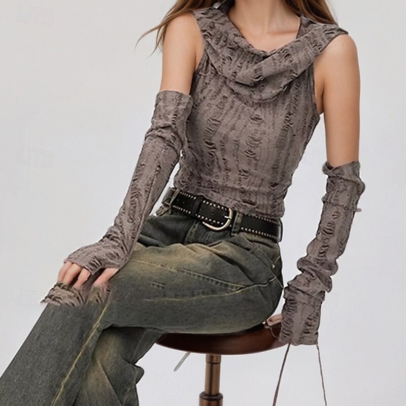 Women's Texture Blouse T Shirt Plain Fashion Long Sleeve Asymmetric Neck Regular Tops Daily Weekend Cut Out Black Gray Fall2