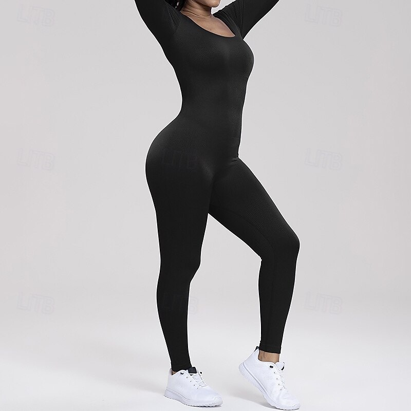Women's Workout Jumpsuit One Piece Romper Fall Solid Color Bodysuit rice white Black Gym Athletic Running Breathable Tummy Control Long Sleeve Sport Activewear4