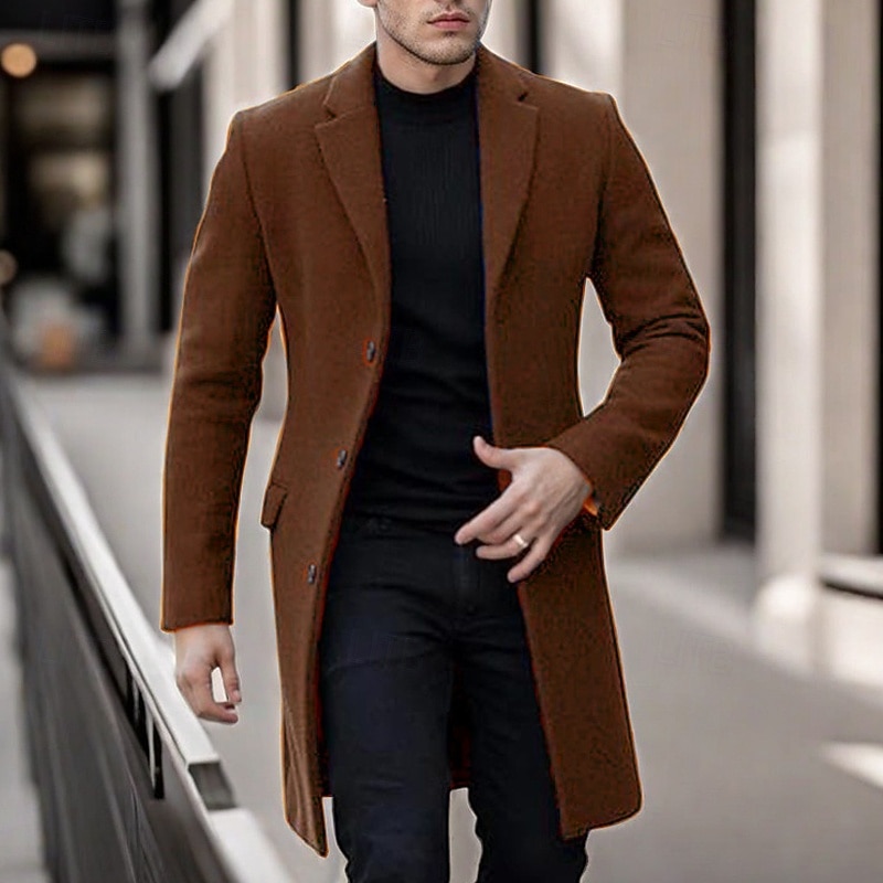 Men's Overcoat Trench Coat Long Trench Coat Vacation Daily Fall Winter Polyester Warm Soft Outerwear Clothing Apparel Fashion Classic Plain Pocket Lapel Single Breasted2
