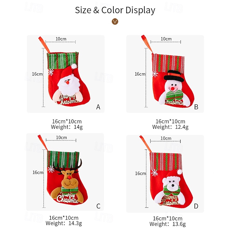 4Pcs Christmas Stockings, Cartoon Santa Claus Letter Socks, Kids Gift Candy Bags, Striped Christmas Tree Hanging Ornaments with Bells2