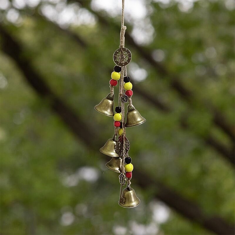Vintage Halloween Witch Bell Wind Chime Hanging Bronze Metal with Ceramic & Wood Beads Door Handle Protector Perfect for Outdoor, Porch, Yard Decor2