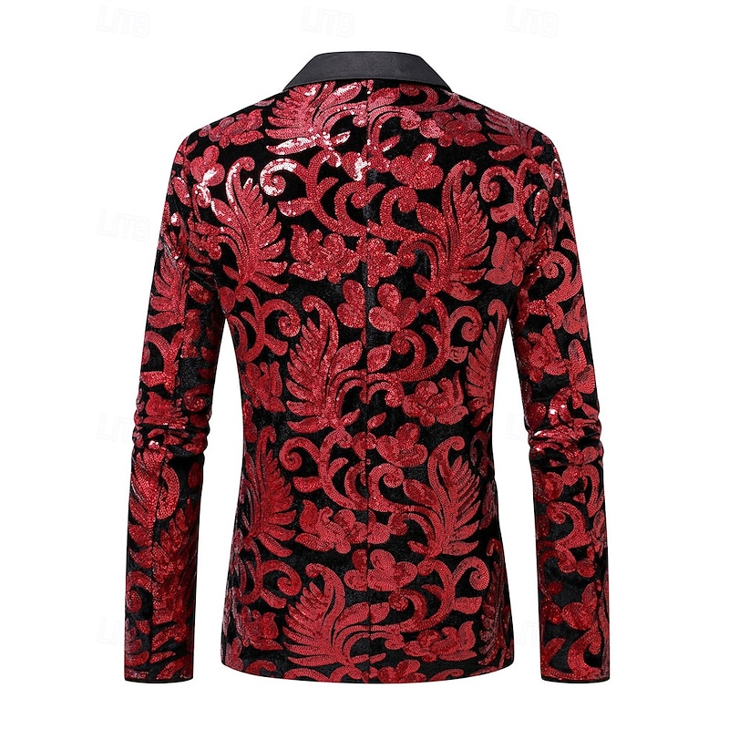 Men's Blazer Cocktail Party Wedding Party Fashion Casual Spring Fall Polyester Florals Pocket Buttons Comfortable Single Breasted Blazer Red3