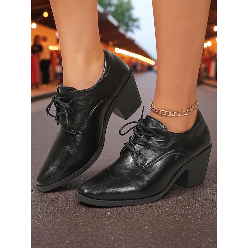 Women's Black Leather Lace - Up Block Heel Oxfords – Classic Vintage Style Shoes for Oktoberfest, Casual Outings and Daily Wear2
