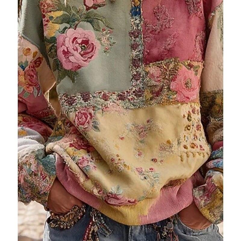 Women's 3D Print Vintage Boho Hoodie Patchwork Hoodie Sweatshirt Floral Pullover Sweatshirt  Warm Active Vintage Long Sleeve Crew Neck  Street Dailywear Casual Patchwork Pink Spring Fall Winter2