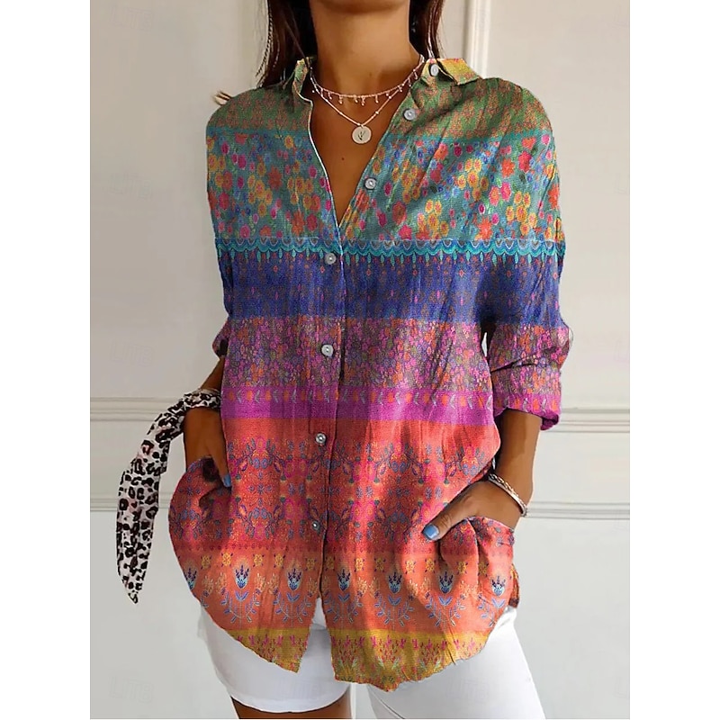 Women's Shirt Floral Graphic Elegant Vintage Tropical Long Sleeve Bishop Sleeve Shirt Collar Regular Tops Daily Holiday Print Red Blue Green Summer Spring2