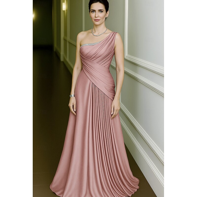 Green Blue A-Line Evening Gown Elegant Dress Formal Wedding Floor Length Sleeveless One Shoulder Stretch Satin with Pleats Ruched 2025