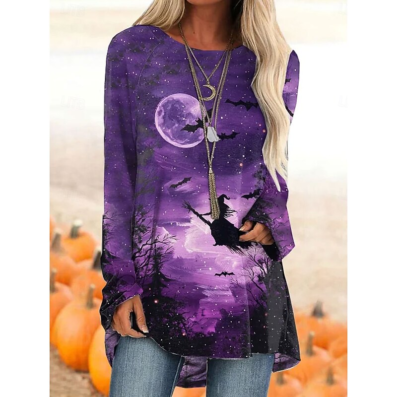 Halloween Women's T Shirt Skulls Long Sleeve Graphic Vintage Stylish Classic Long Sleeve Crew Neck Regular Tops Daily Print Black Blue Purple Orange Spring Fall Prefall2