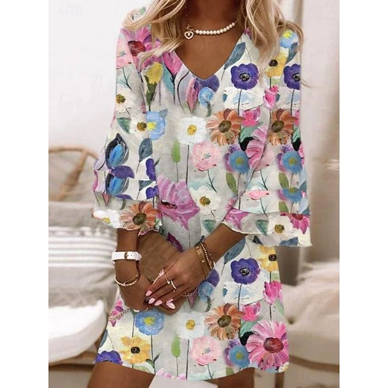 Women's Mini Dress Sundress A Line Dress Bohemia Vacation Casual Party Regular Fit Floral Graphic Abstract 3/4 Length Sleeve V Neck Pink Purple Light Blue Spring Fall