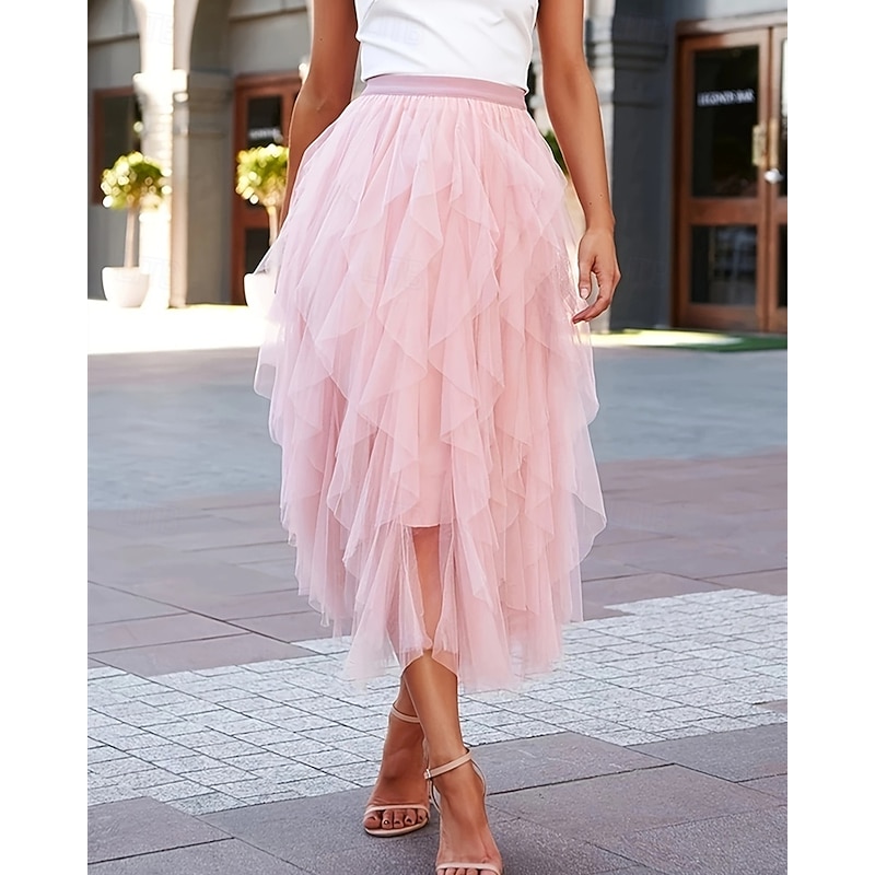 Women's Skirt Gauze Skirts Fashion Casual Midi Mid Rise Skirts Plain Irregular Hem Flowy Micro-elastic Vacation Street Black Pink Spring Polyester