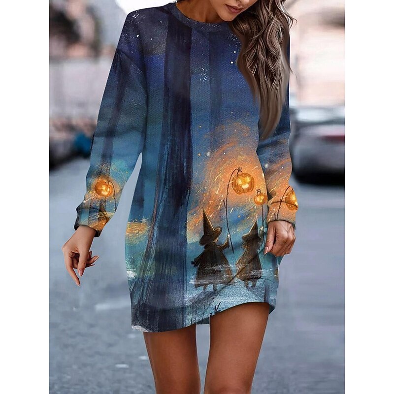 Halloween Women's Castle Print Sweatshirt Dress Mini Dress Shift Dress Casual Weekend Regular Fit Graphic Long Sleeve Crew Neck Black Navy Blue Blue Orange Spring Fall Winter4