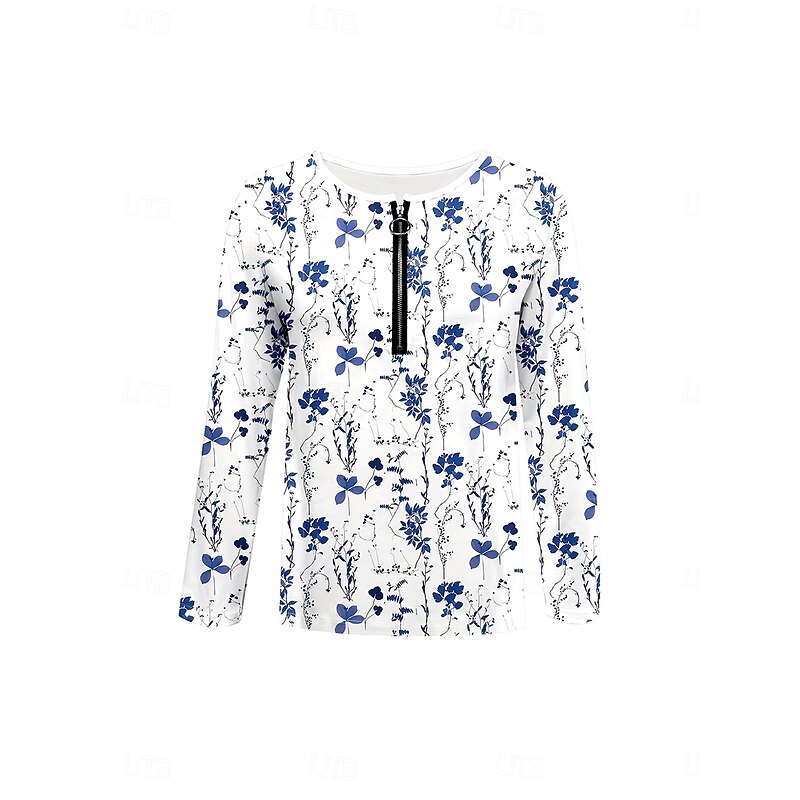 Women's T Shirt Graphic Striped Plants Elegant Vintage Stylish Long Sleeve V Neck Round Neck Notched Neck Regular Tops Daily Weekend Zipper Print Blue Spring Fall Winter2