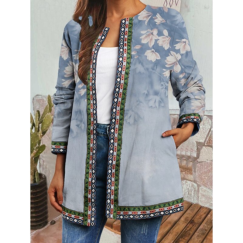 Women's Casual Jacket Windproof Warm Pocket Color Block Open Front with Pockets Modern Floral Casual Daily Casual Daily Short Crewneck Regular Fit Long Sleeve Outerwear Black Light Green Blue Fall2