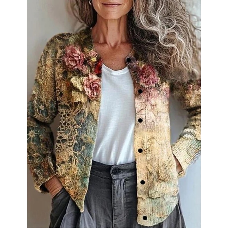 Women's Cardigan Sweater Knitted Ribbed Button Front Round Neck Long Sleeve Lightweight Vintage Floral Crew Neck Print Regular Tops Knit Outdoor Home Daily Yellow Light Brown Fall Winter