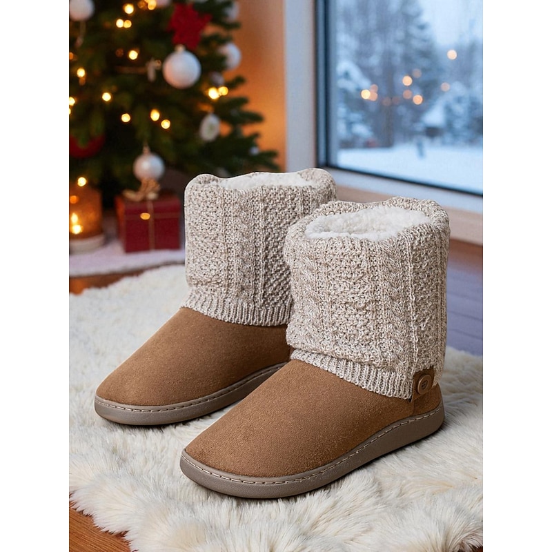 Women's Brown Faux Suede Winter Ankle Boots – Knit Cuff Button Detail, Plush Lining, Cozy Indoor & Outdoor Casual Footwear2