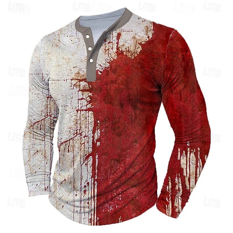 Men's Halloween Blood Splatter Blood stains Henley Shirt Long Sleeve Fashion Cute Daily Casual Holiday Going out Spring &  Fall All Seasons Khaki Henley Henley T-Shirt