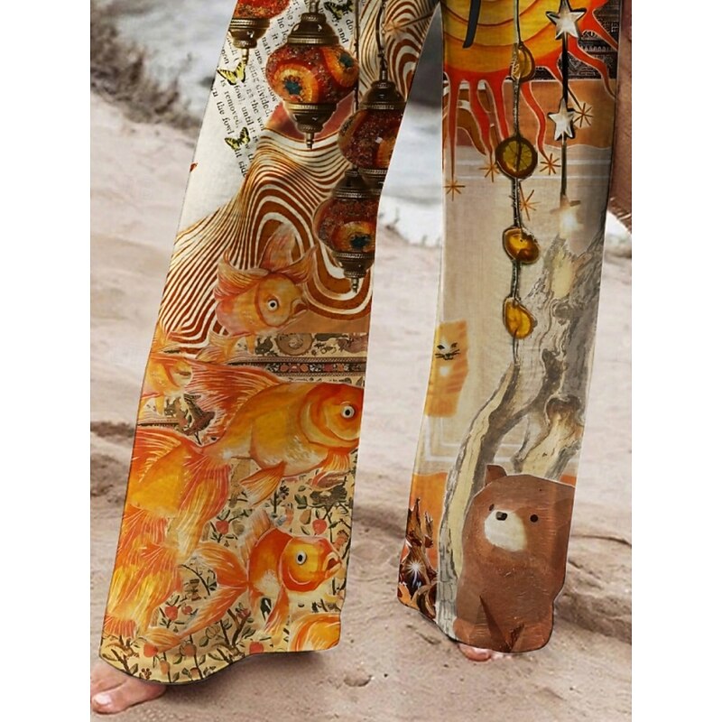Women's Wide Leg Pants Trousers Retro Vintage Ethnic Long High Waist Sun Graphic Prints Elastic Waist Printing High Cut Breathability Soft Micro-elastic Vacation Street Daily Wear Khaki Spring Fall3
