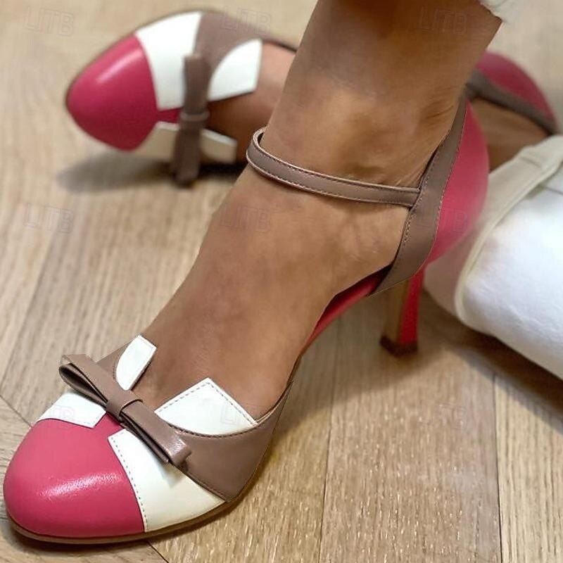Women's Vintage Pink and White High Heel Shoes with Bow Accent - Elegant Retro Heels for Weddings, Parties, and Special Occasions2