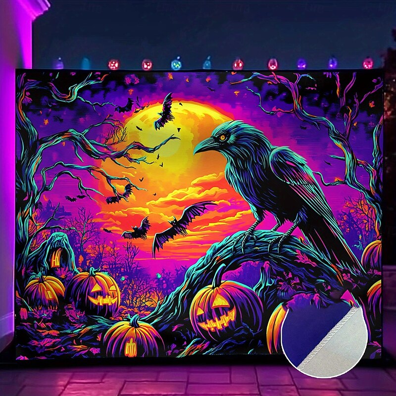 lacklight Halloween Tapestry – Neon Scarecrow and Pumpkin Graveyard Wall Hanging for Bedroom, Living Room, Party Decor2