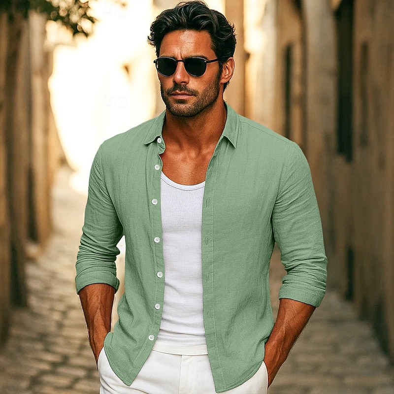 Men's Shirt Linen Shirt Summer Shirt Beach Wear Button Up Shirt Plain Vacation Casual Black White Pink Royal Blue Long Sleeve Collar Summer Spring Clothing Apparel Plain