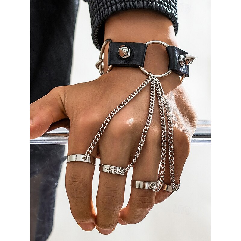 Men's Halloween Gothic Hand Strap Bracelet - Faux Leather Spiked Bracelet and Layered Chain, Adjustable Alloy Punk Rock Jewelry for Cosplay, Masquerade Parties, Concerts and Night Out