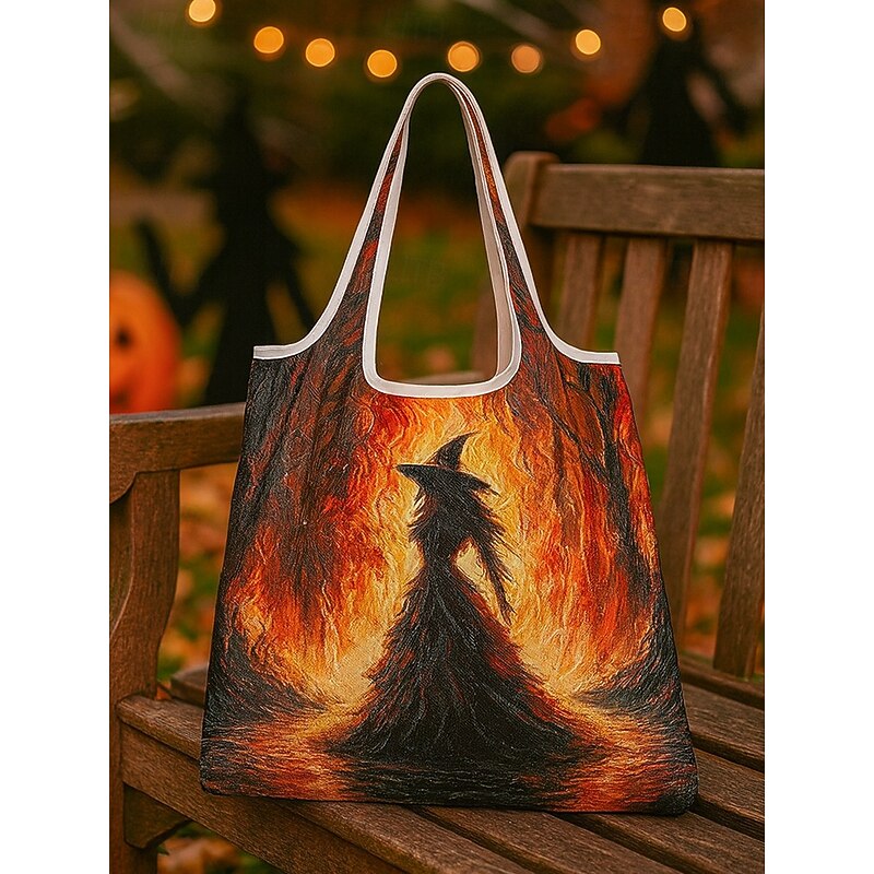 Women's Halloween Witch Print Foldable Reusable Tote – Lightweight Large-Capacity Shoulder Shopping Bag with Reinforced Seams & Washable Fabric for Trick-or-Treat, Parties, Travel & Everyday Use3