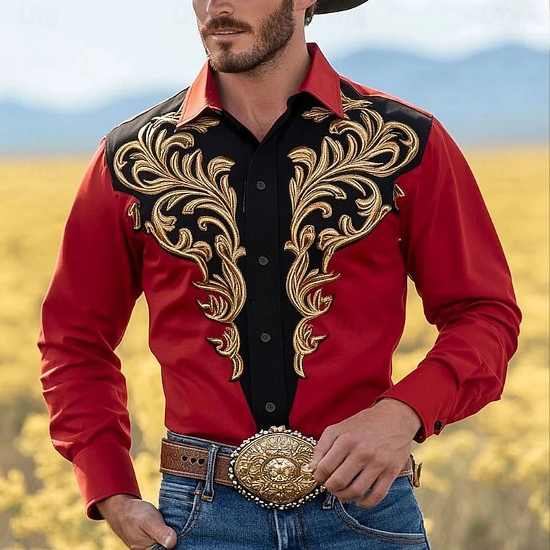 Men's Floral Print Flowers Shirt Western Shirt Cowboy Shirt Long Sleeve Vintage Retro Outdoor Vacation Spring Fall Turndown 3D Print Linen Like Shirt Red Orange Green Gray