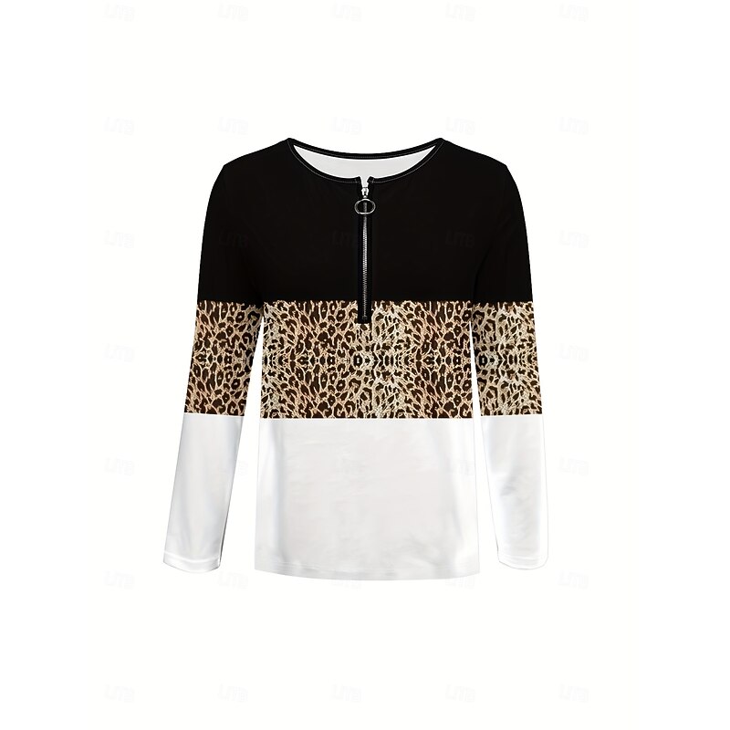 Women's T Shirt Graphic Leopard Color Block Vintage Stylish Classic Long Sleeve Round Neck Regular Tops Daily Weekend Zipper Print White Pink Blue Purple Green Spring Fall Winter2
