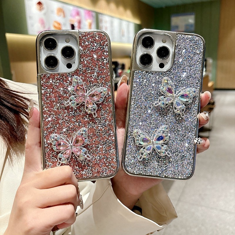 Phone Case For iPhone 16 15 14 Pro Max Plus 16e 13 Pro Max Back Cover Bling Glitter Shiny Shockproof Butterfly Plating