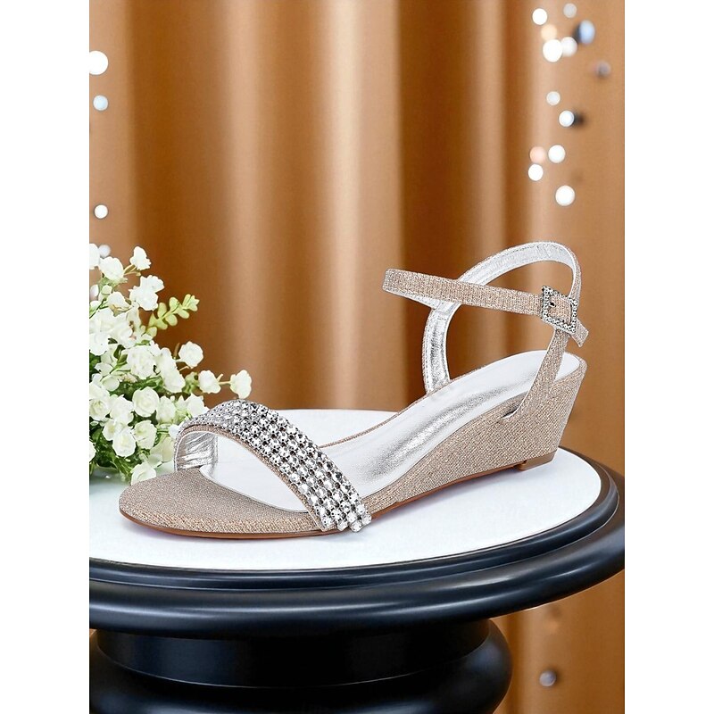 Women's Champagne Rhinestone Wedge Sandals - Open Toe Glitter Dress Shoes with Ankle Strap for Cocktail Parties and Elegant Evenings