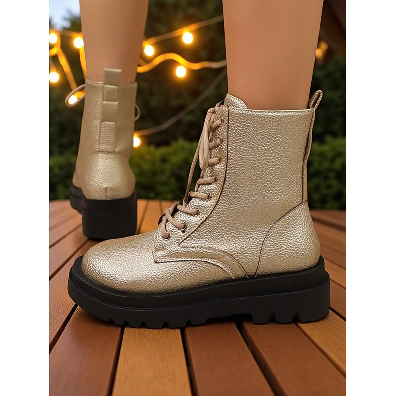 Women's Gold Faux Leather Lace-Up Combat Boots with Chunky Black Sole - Trendy Nightlife Party Footwear4