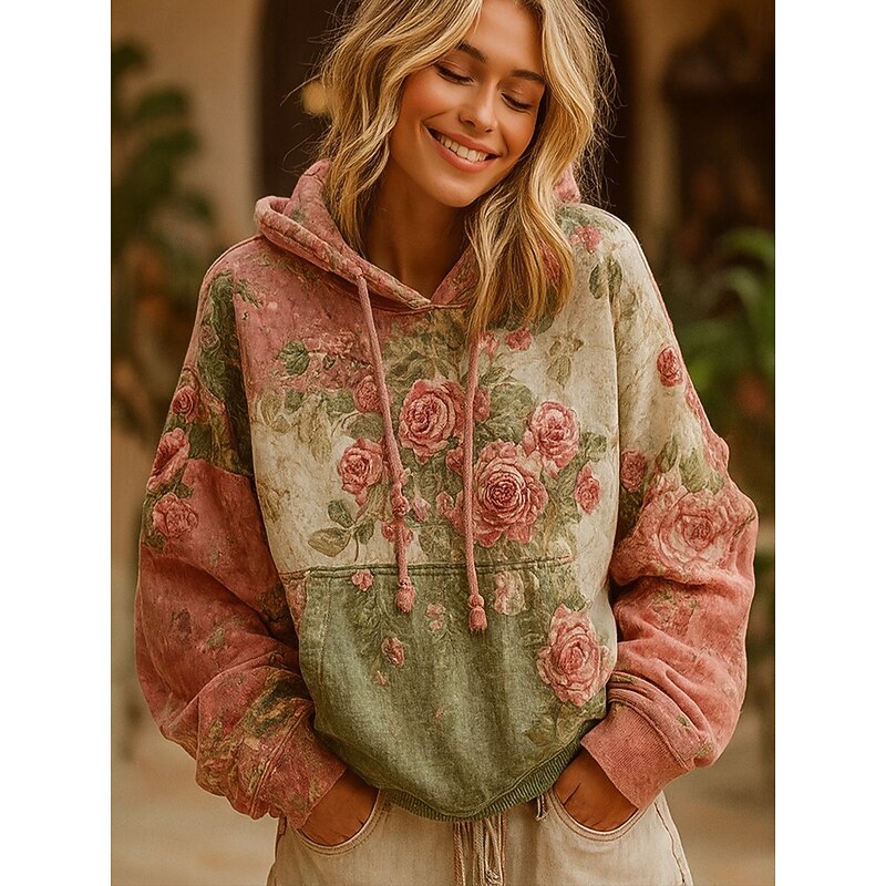 Women's 3D Print Vintage Boho Hoodie Patchwork Hoodie Sweatshirt Floral Pullover Sweatshirt Casual Hooded Street Dailywear Patchwork Print Front Pocket Pink Purple Green Spring Fall Winter